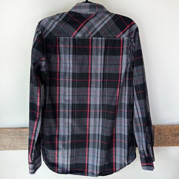 Burnside‎ Western Shirt Black Snaps Plaid Topstitching Men's M Red Gray - Picture 3 of 6